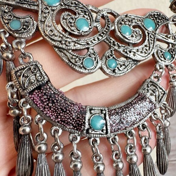 Chunky Boho Southwest Necklace Turquoise Seed Beads Faux Coral Large Pendant - Picture 5 of 10